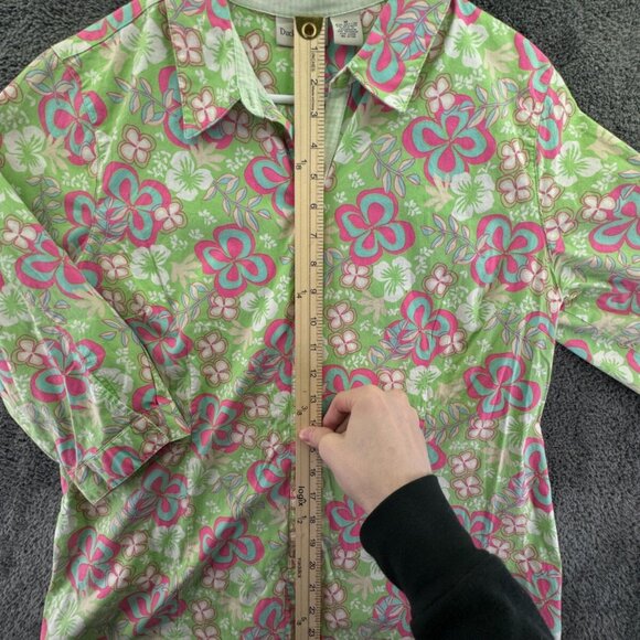 Duck Head Medium Women Button Up Floral Shirt Green Pink 1/2 Sleeve Stretch - Picture 2 of 14